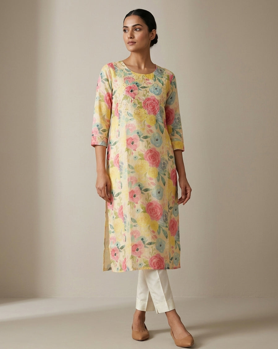Radiant Floral Watercolor Print Straight Kurta