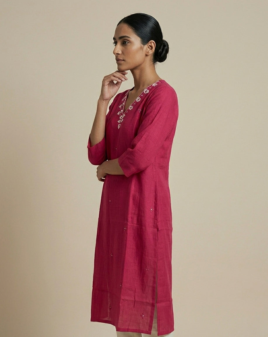 Radiant Fuchsia Embroidered V-Neck Straight Kurta