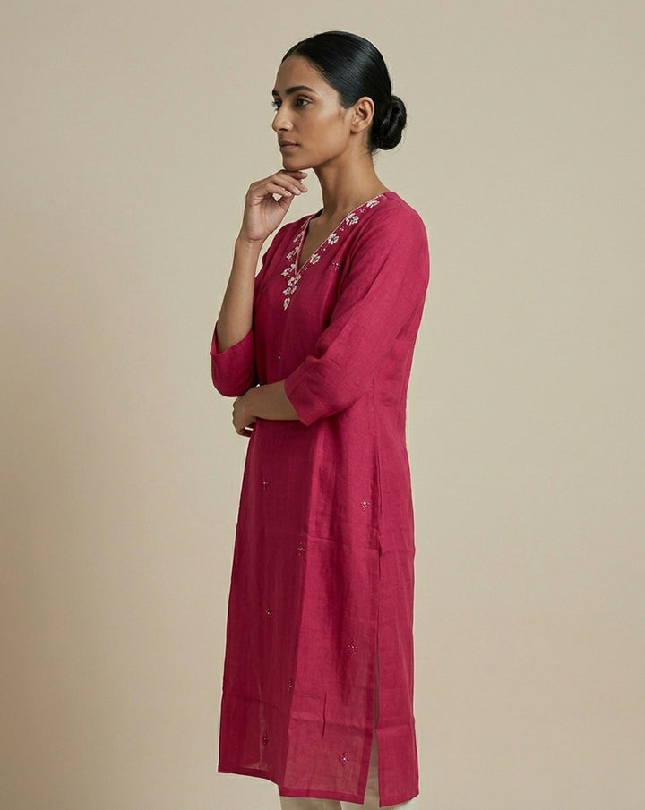 Radiant Fuchsia Embroidered V-Neck Straight Kurta