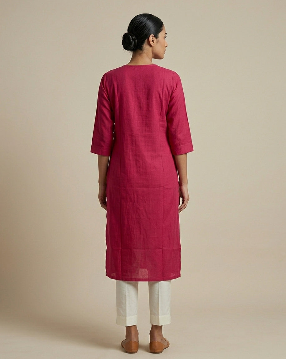 Radiant Fuchsia Embroidered V-Neck Straight Kurta