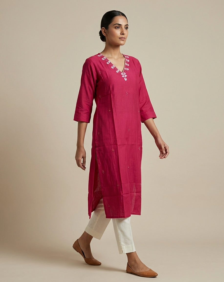 Radiant Fuchsia Embroidered V-Neck Straight Kurta