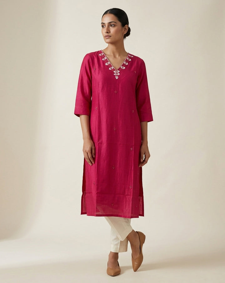 Radiant Fuchsia Embroidered V-Neck Straight Kurta