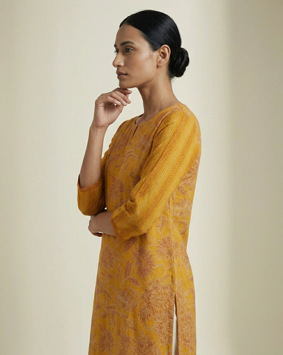Radiant Mustard Floral Print Straight Kurta