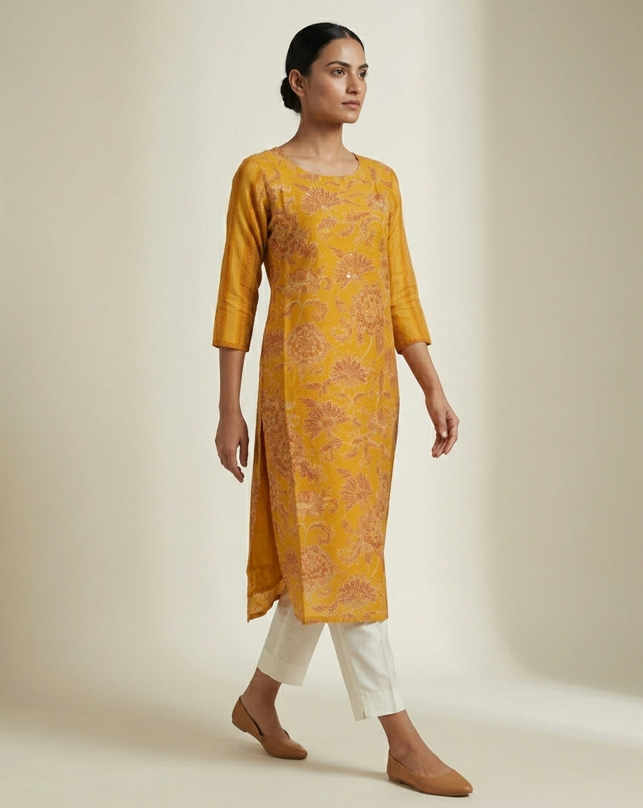 Radiant Mustard Floral Print Straight Kurta