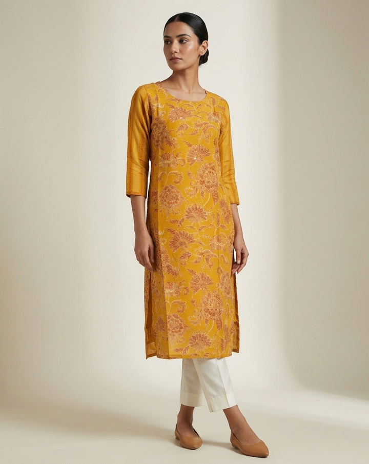 Radiant Mustard Floral Print Straight Kurta