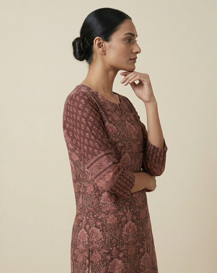 Rich Maroon Floral Print Embroidered Straight Kurta