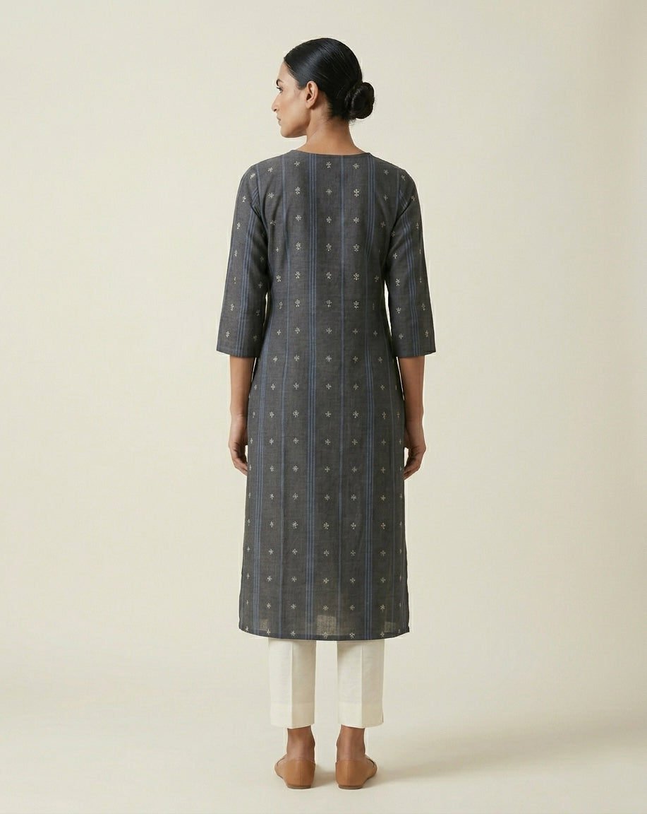 Charcoal Grey Vertical Striped and Floral Printed Cotton Straight Kurta