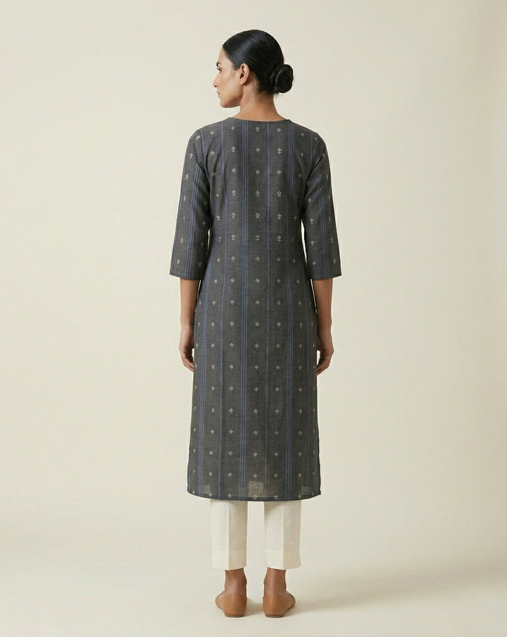 Charcoal Grey Vertical Striped and Floral Printed Cotton Straight Kurta