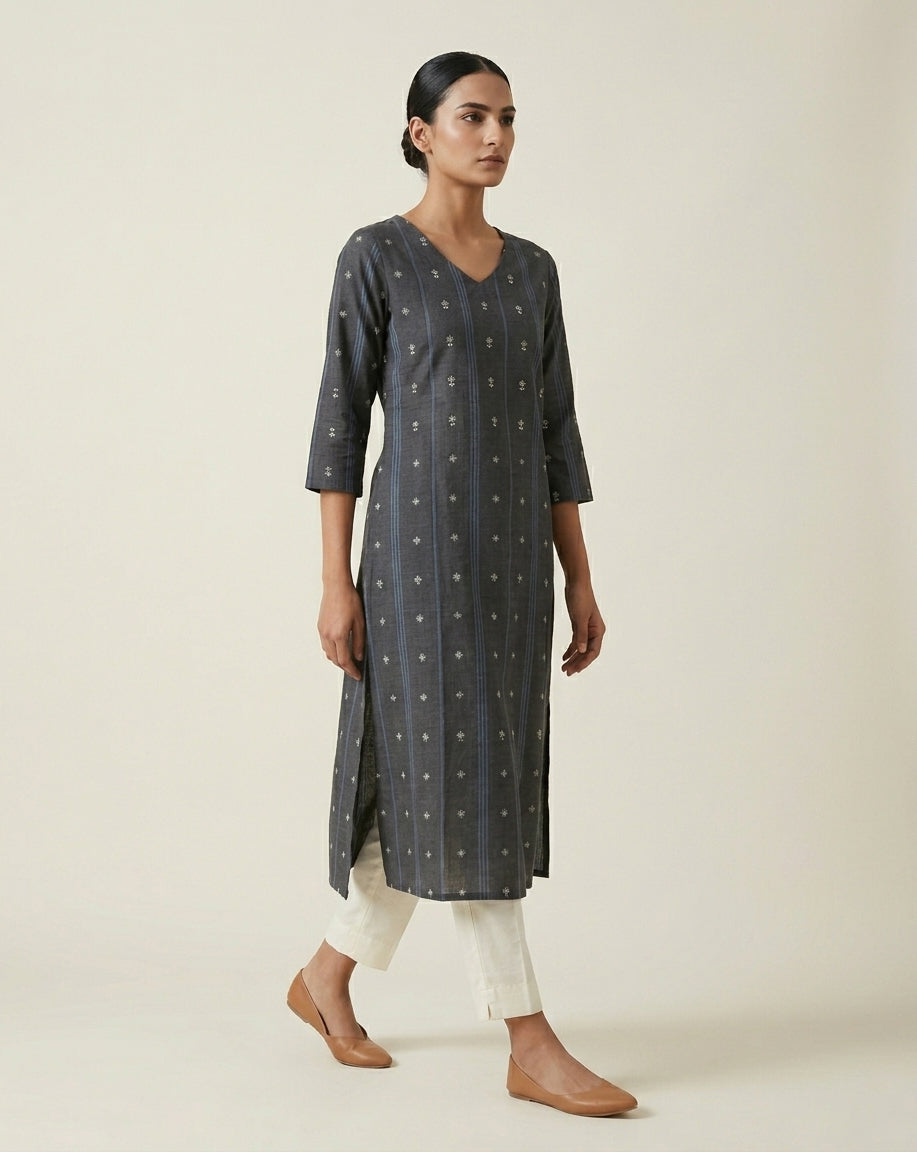 Charcoal Grey Vertical Striped and Floral Printed Cotton Straight Kurta