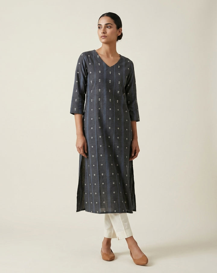 Charcoal Grey Vertical Striped and Floral Printed Cotton Straight Kurta
