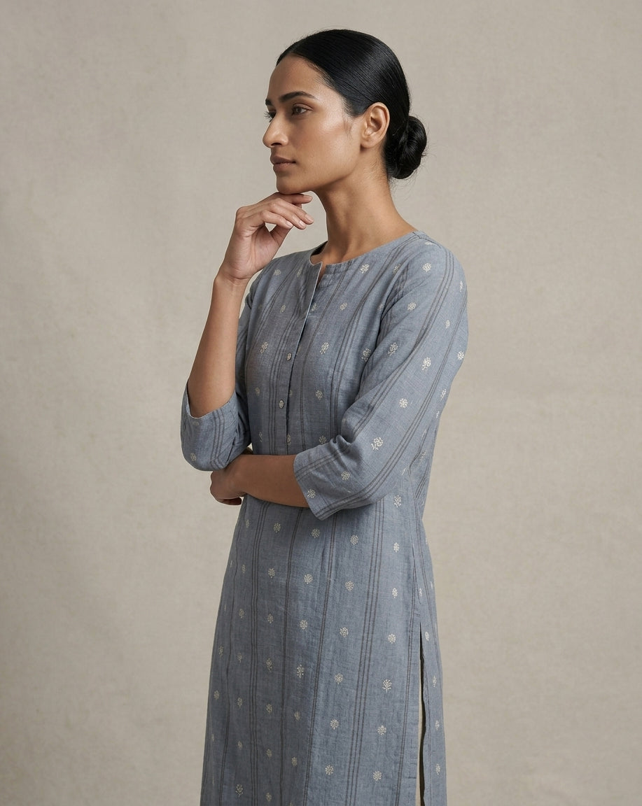 Steel Blue Vertical Striped and Floral Printed Cotton Straight Kurta