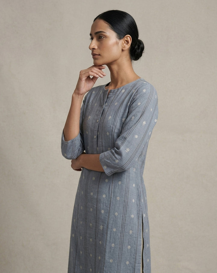 Steel Blue Vertical Striped and Floral Printed Cotton Straight Kurta