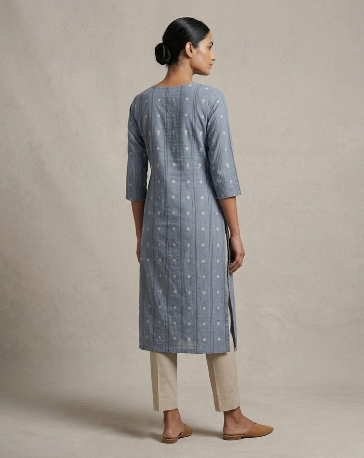 Steel Blue Vertical Striped and Floral Printed Cotton Straight Kurta
