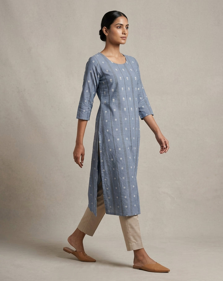 Steel Blue Vertical Striped and Floral Printed Cotton Straight Kurta