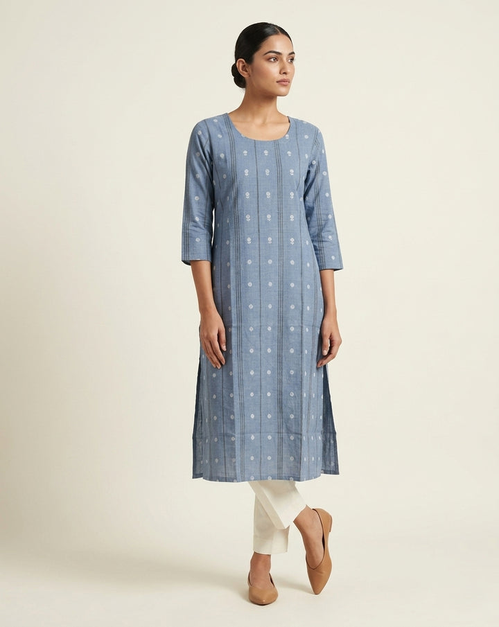 Steel Blue Vertical Striped and Floral Printed Cotton Straight Kurta