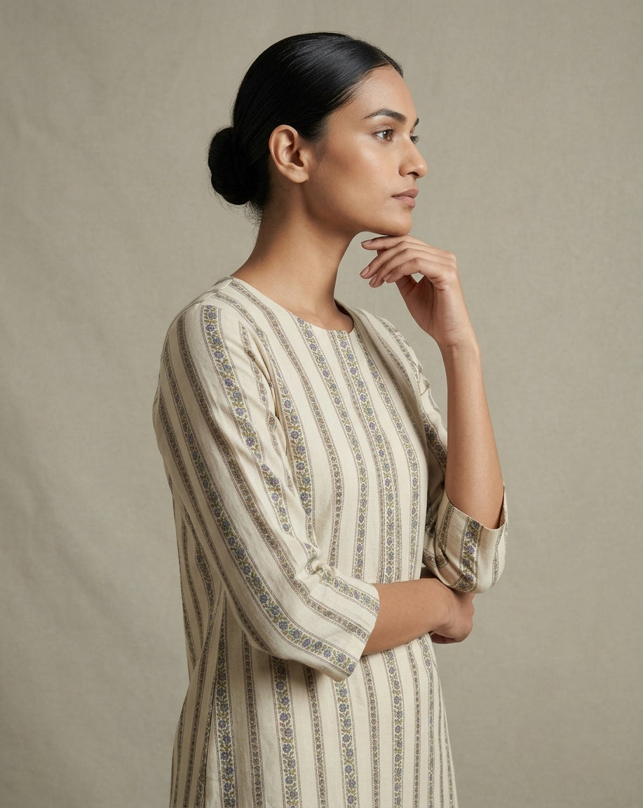 Ivory and Purple Vertical Floral Striped Cotton Straight Kurta