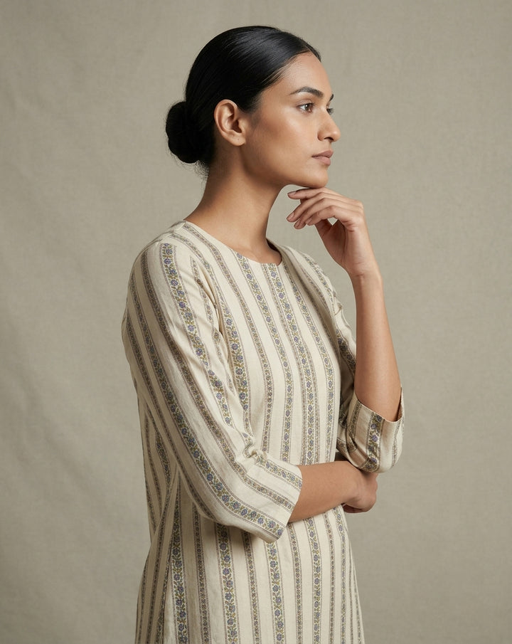 Ivory and Purple Vertical Floral Striped Cotton Straight Kurta