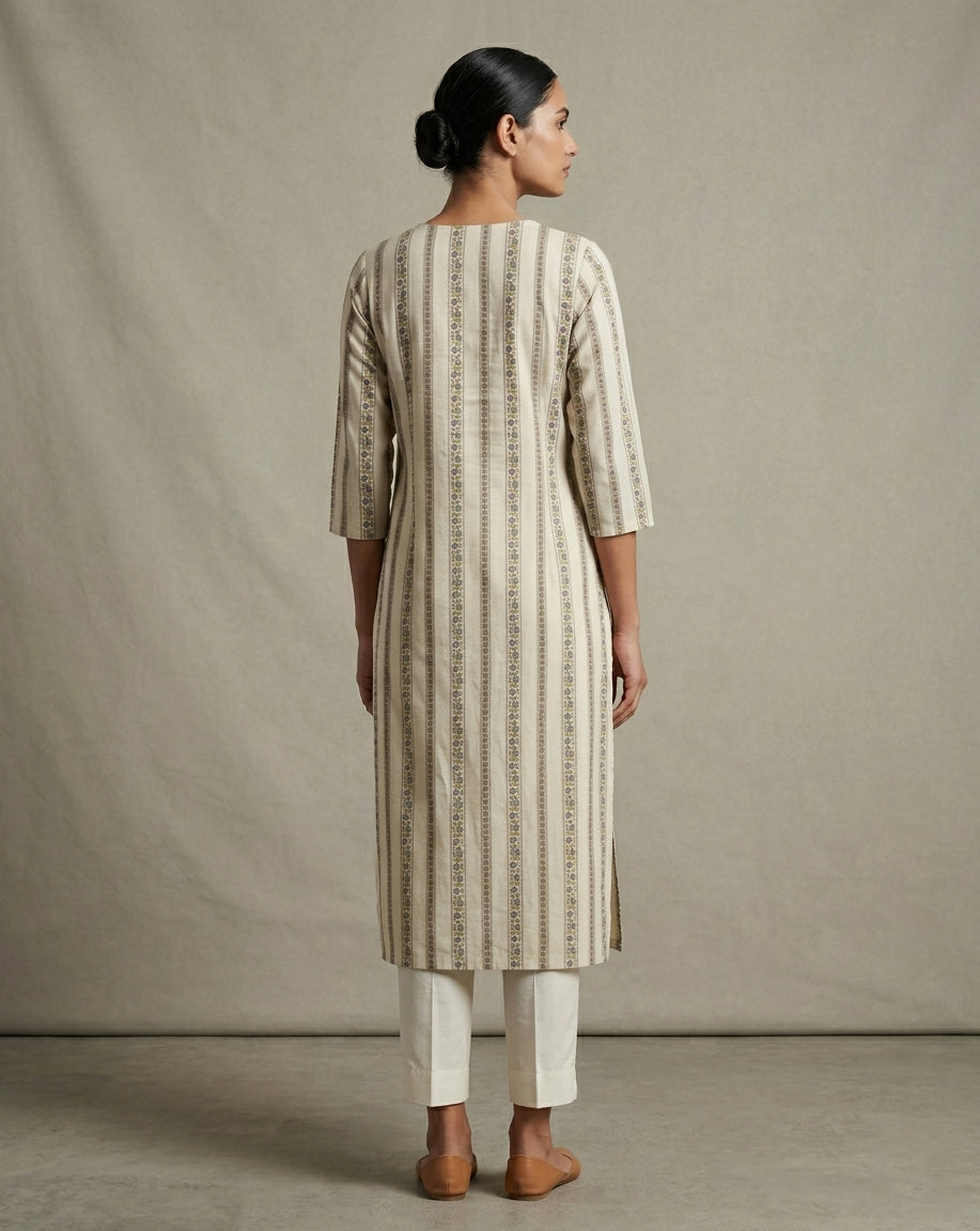 Ivory and Purple Vertical Floral Striped Cotton Straight Kurta