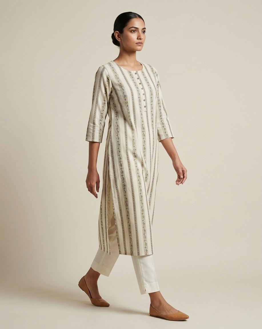 Ivory and Purple Vertical Floral Striped Cotton Straight Kurta