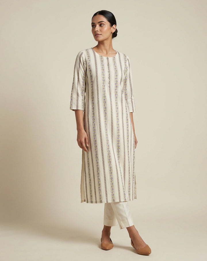 Ivory and Purple Vertical Floral Striped Cotton Straight Kurta