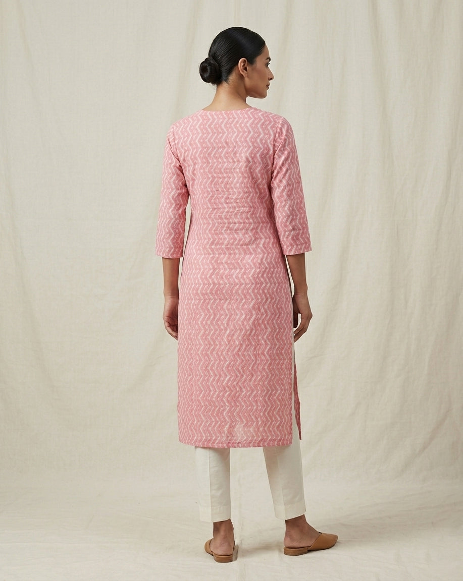 Pink and White Chevron Printed Cotton Straight Kurta