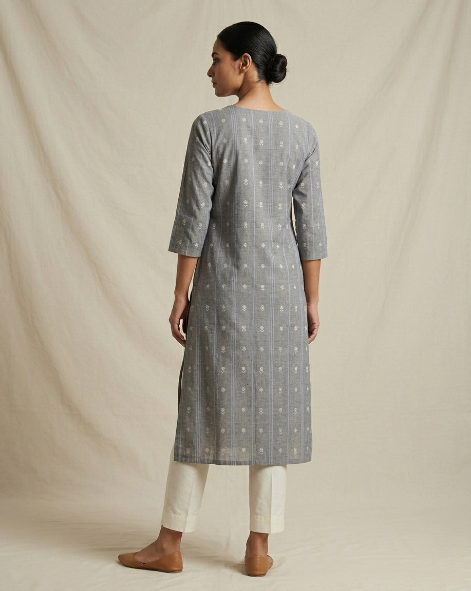 Muted Grey Vertical Striped and Floral Printed Cotton Straight Kurta