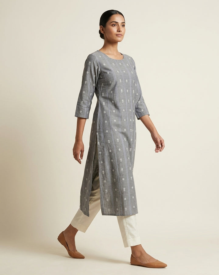 Muted Grey Vertical Striped and Floral Printed Cotton Straight Kurta