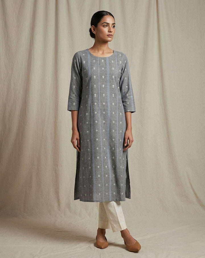 Muted Grey Vertical Striped and Floral Printed Cotton Straight Kurta