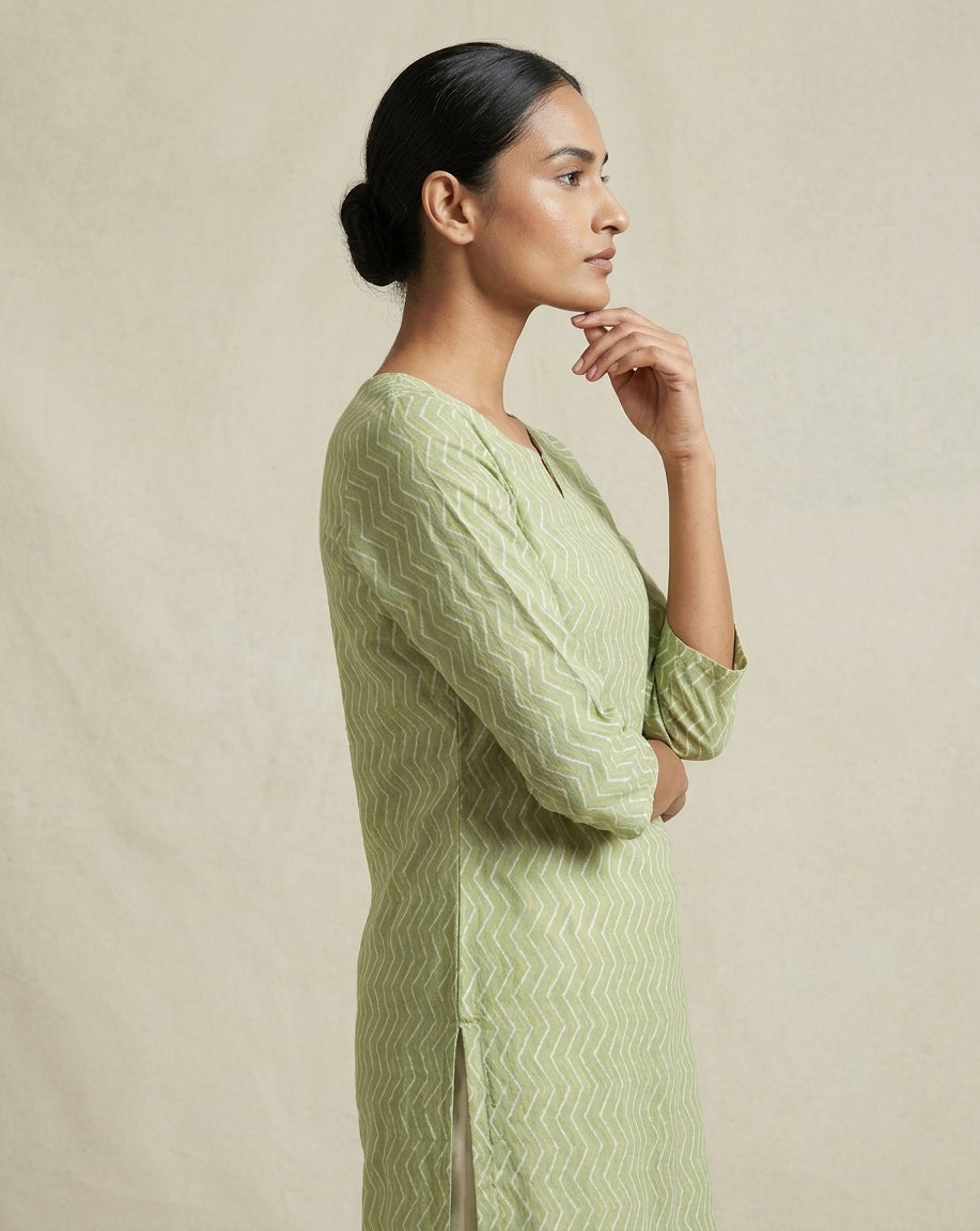 Lime Green and Yellow Chevron Printed Cotton Straight Kurta