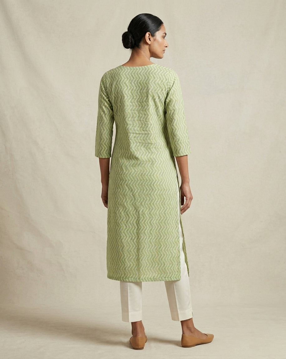 Lime Green and Yellow Chevron Printed Cotton Straight Kurta
