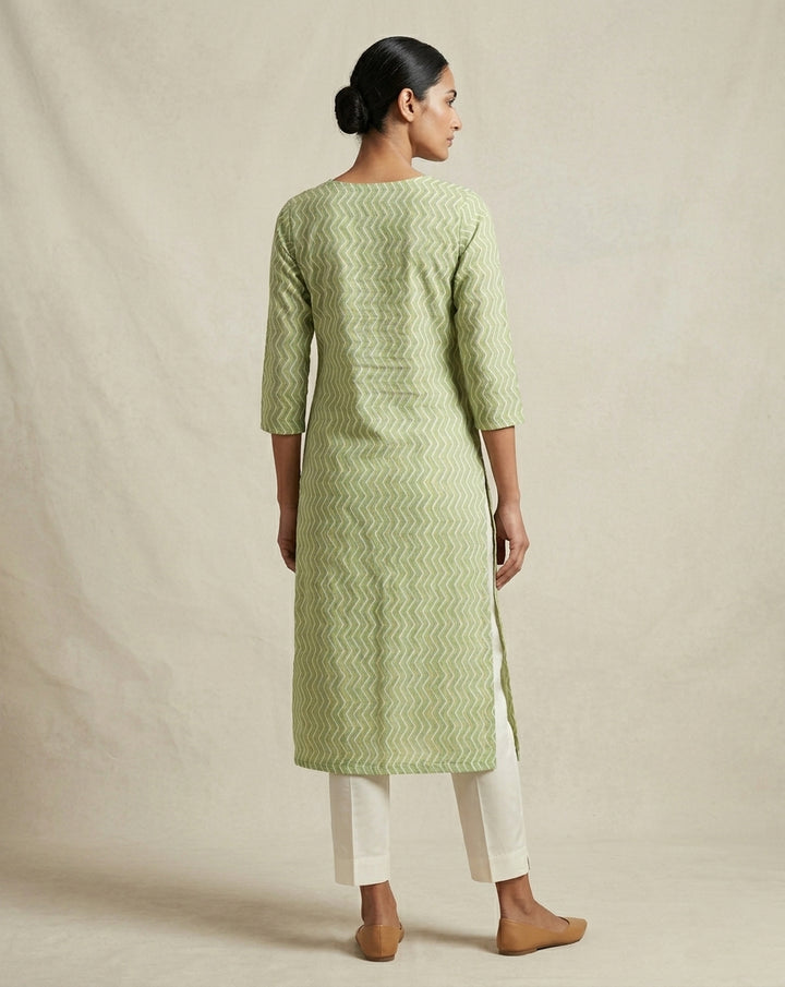 Lime Green and Yellow Chevron Printed Cotton Straight Kurta
