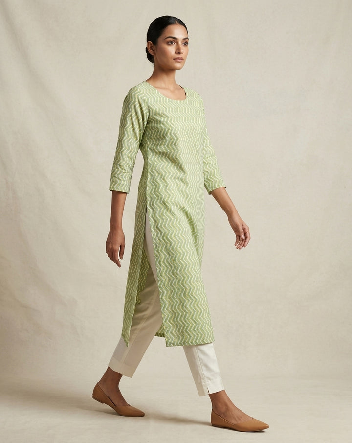 Lime Green and Yellow Chevron Printed Cotton Straight Kurta