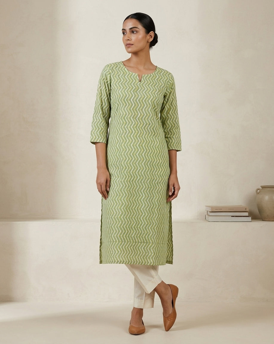 Lime Green and Yellow Chevron Printed Cotton Straight Kurta