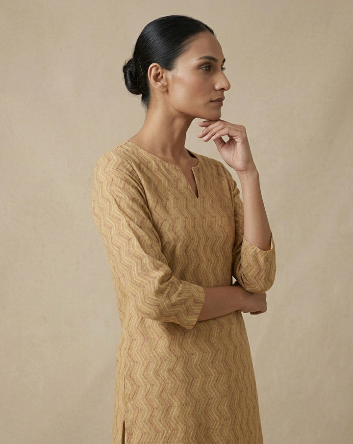 Mustard and Maroon Chevron Printed Cotton Straight Kurta