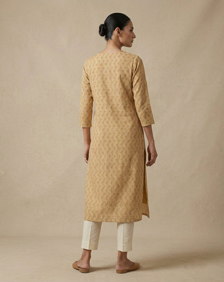 Mustard and Maroon Chevron Printed Cotton Straight Kurta