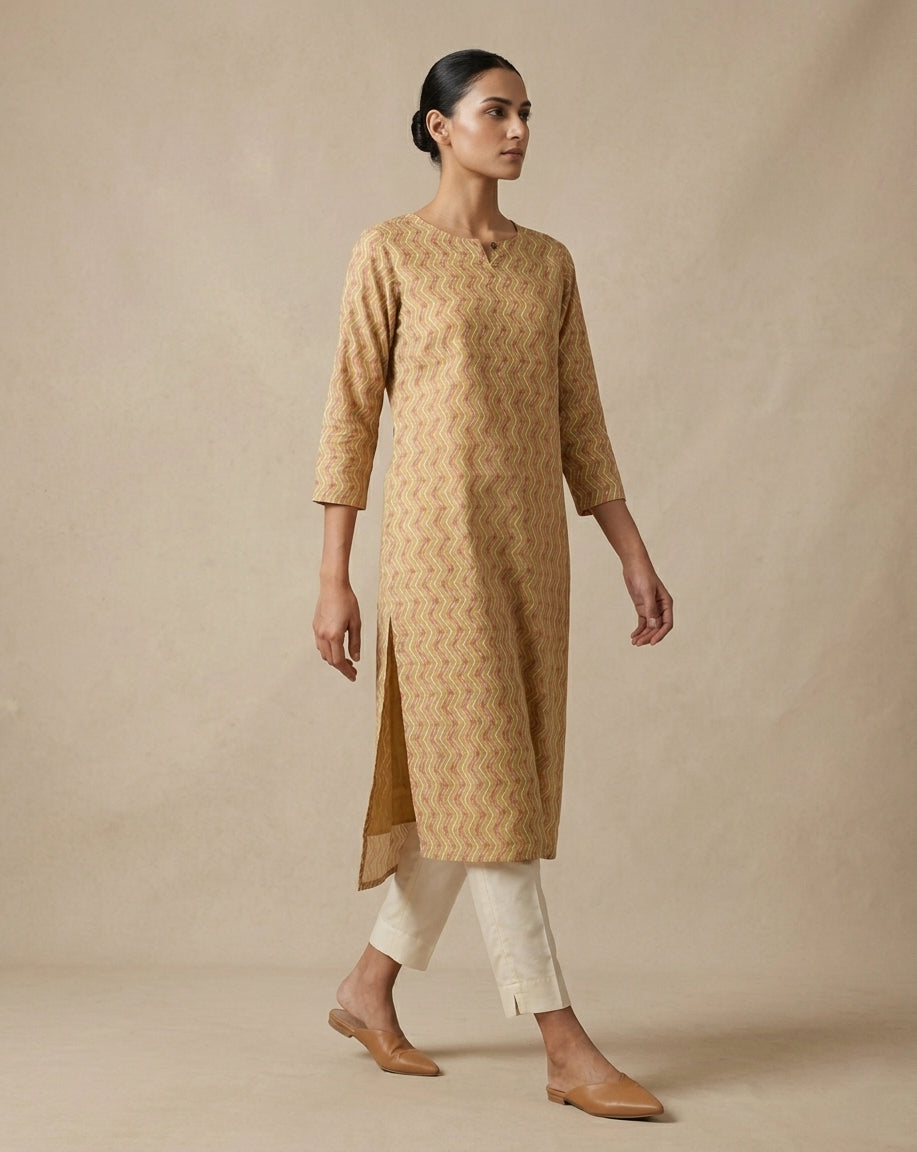 Mustard and Maroon Chevron Printed Cotton Straight Kurta