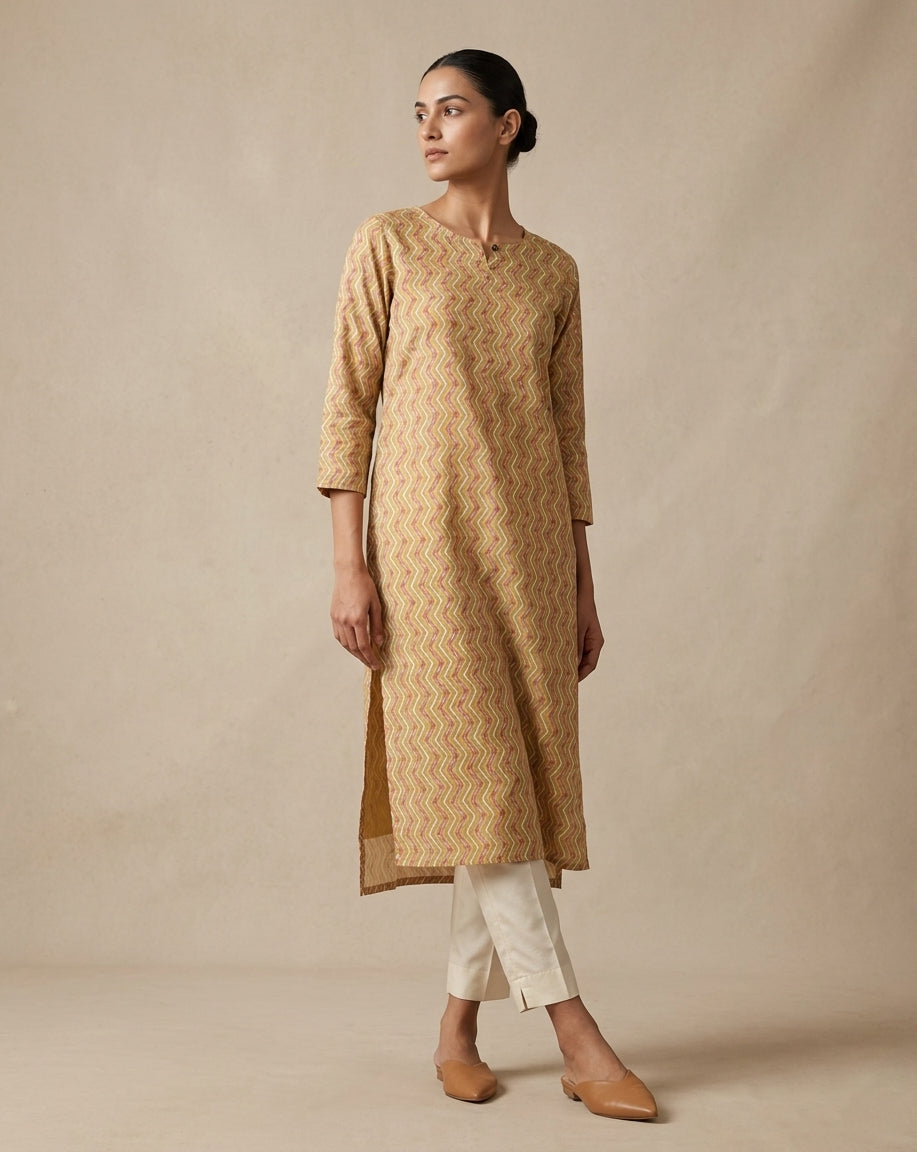 Mustard and Maroon Chevron Printed Cotton Straight Kurta
