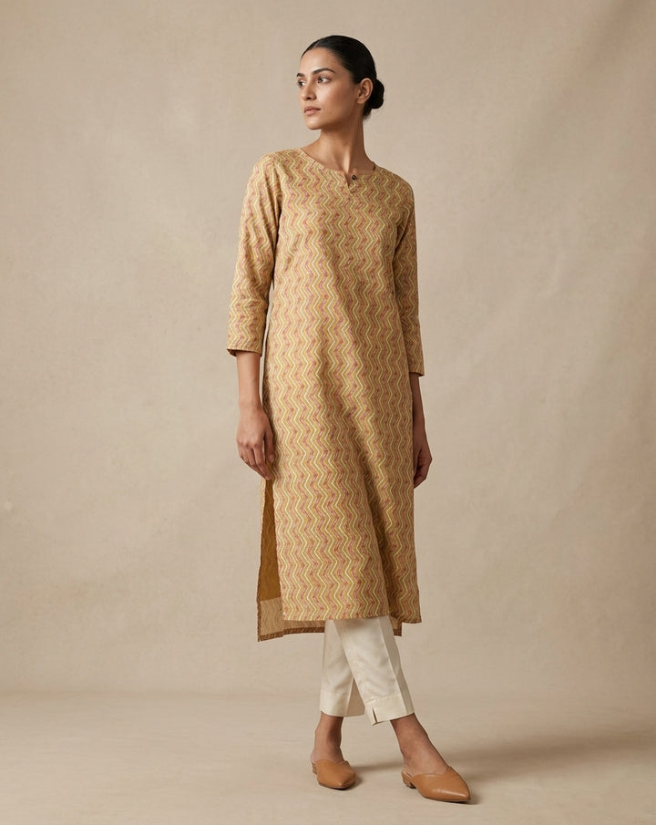 Mustard and Maroon Chevron Printed Cotton Straight Kurta
