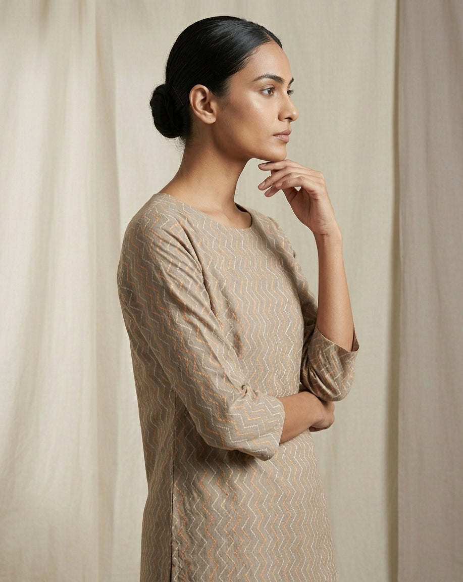 Taupe and Orange Chevron Printed Cotton Straight Kurta
