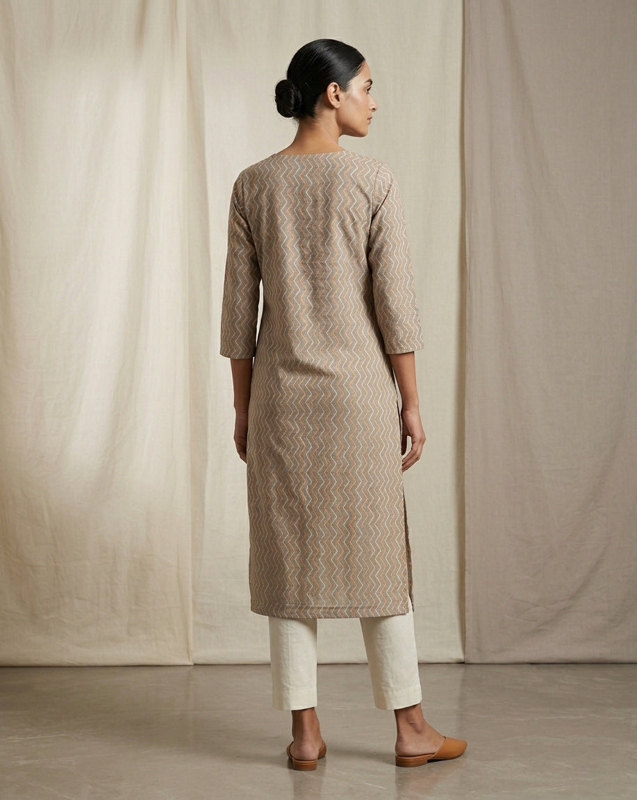 Taupe and Orange Chevron Printed Cotton Straight Kurta