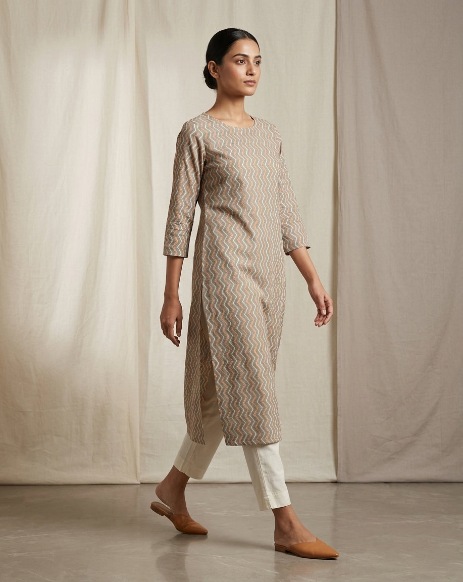 Taupe and Orange Chevron Printed Cotton Straight Kurta