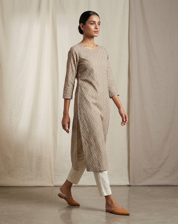 Taupe and Orange Chevron Printed Cotton Straight Kurta