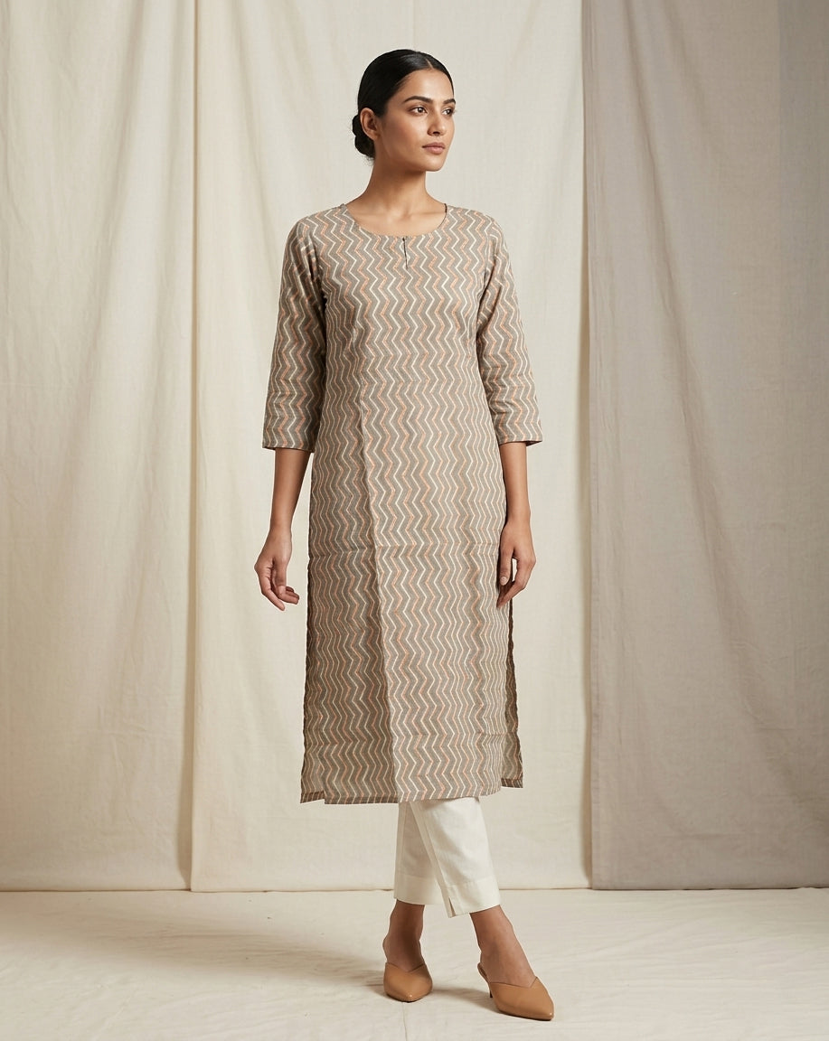Taupe and Orange Chevron Printed Cotton Straight Kurta