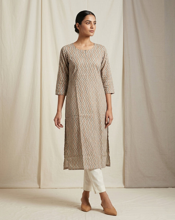 Taupe and Orange Chevron Printed Cotton Straight Kurta