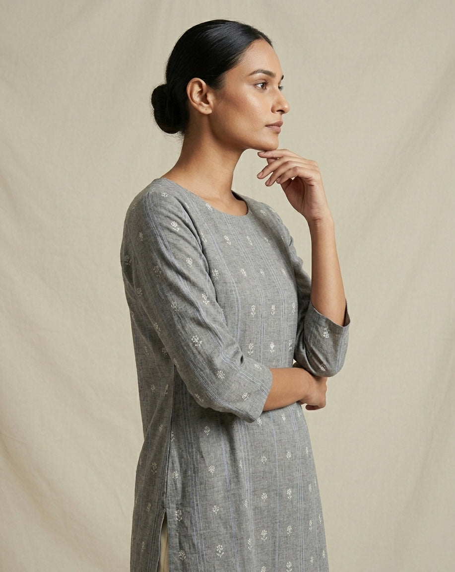 Muted Grey Vertical Striped and Floral Printed Cotton Straight Kurta