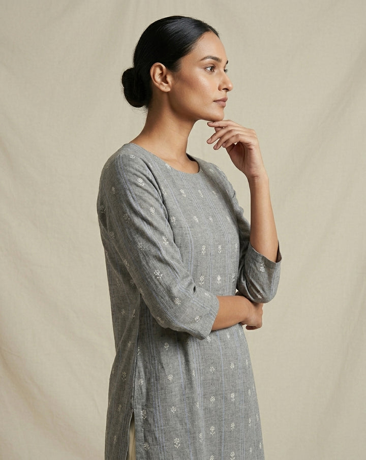 Muted Grey Vertical Striped and Floral Printed Cotton Straight Kurta