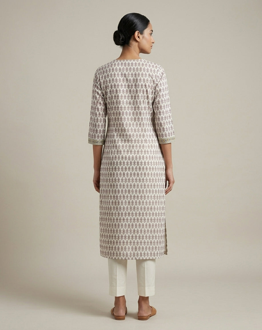 Ivory and Mauve Traditional Boota Printed Cotton A-Line Kurta
