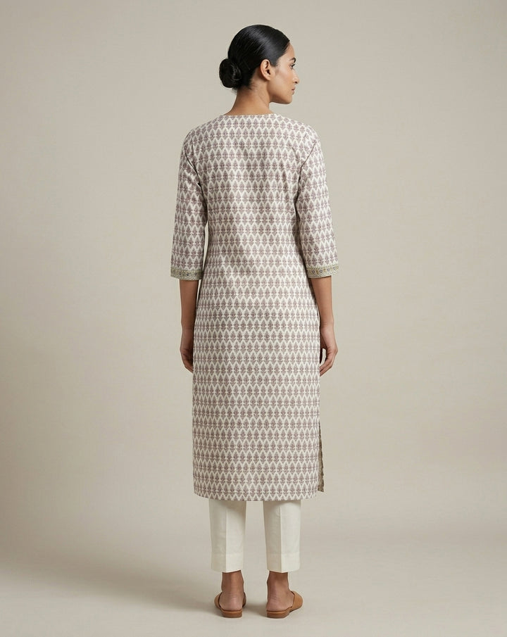 Ivory and Mauve Traditional Boota Printed Cotton A-Line Kurta