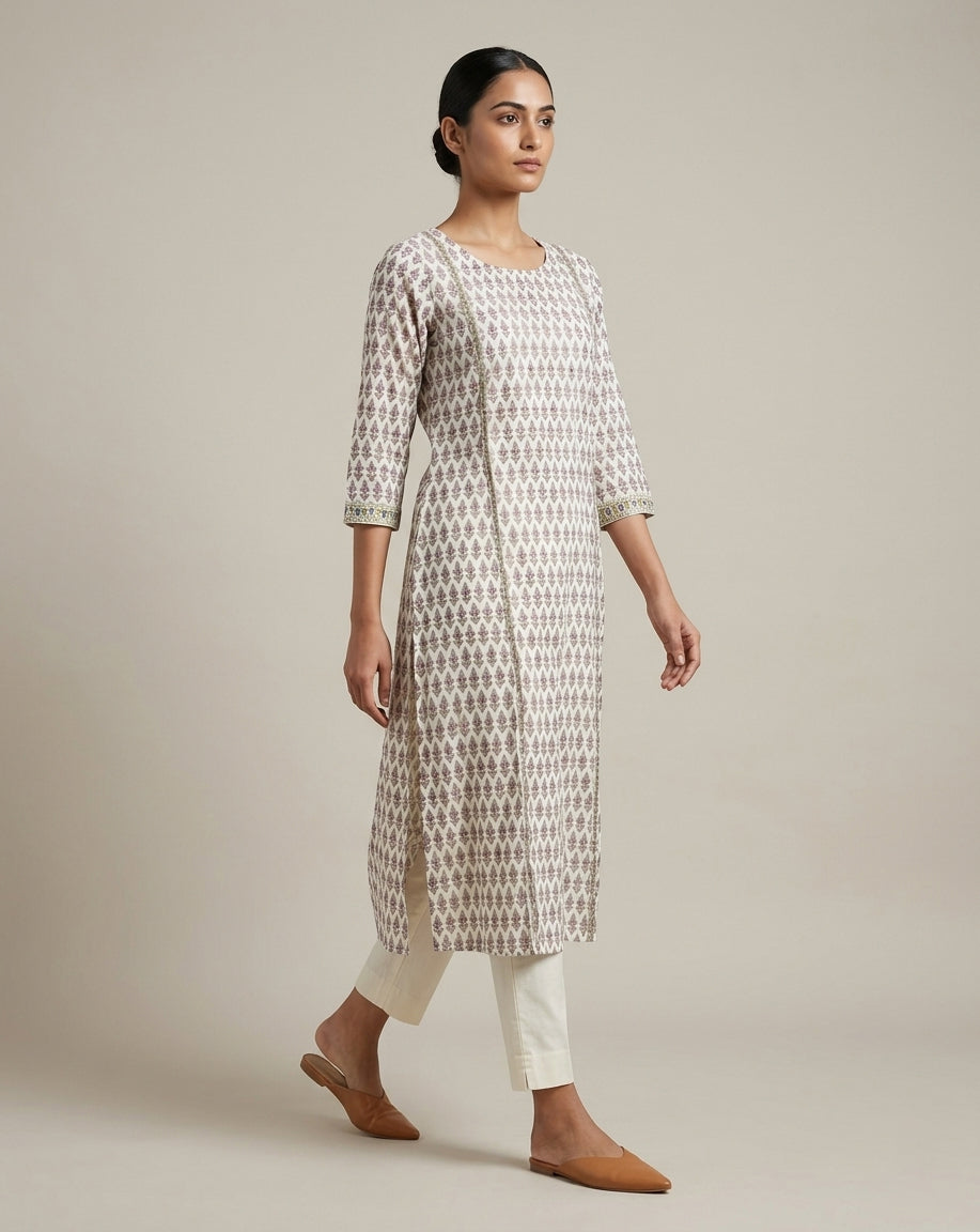 Ivory and Mauve Traditional Boota Printed Cotton A-Line Kurta