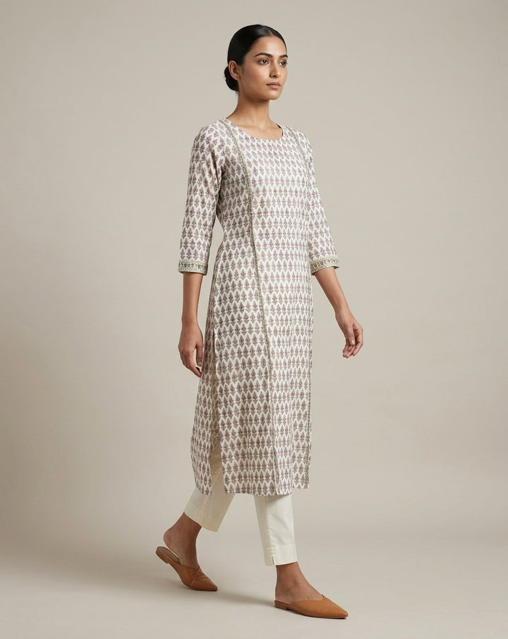 Ivory and Mauve Traditional Boota Printed Cotton A-Line Kurta